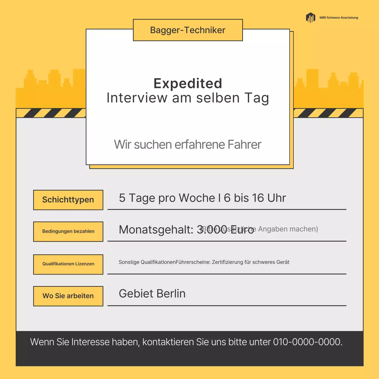 Einfache gelbe Stellenanzeige für Baumaschinenführer