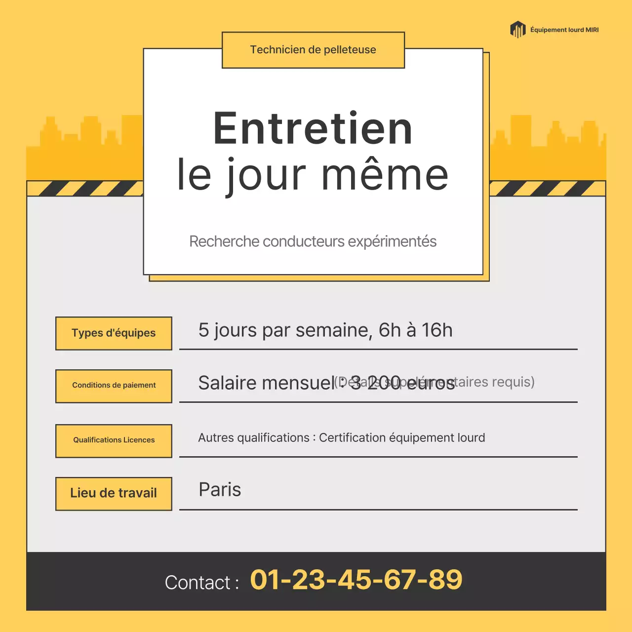 Annonce simple de recrutement d'opérateur d'engins lourds jaunes