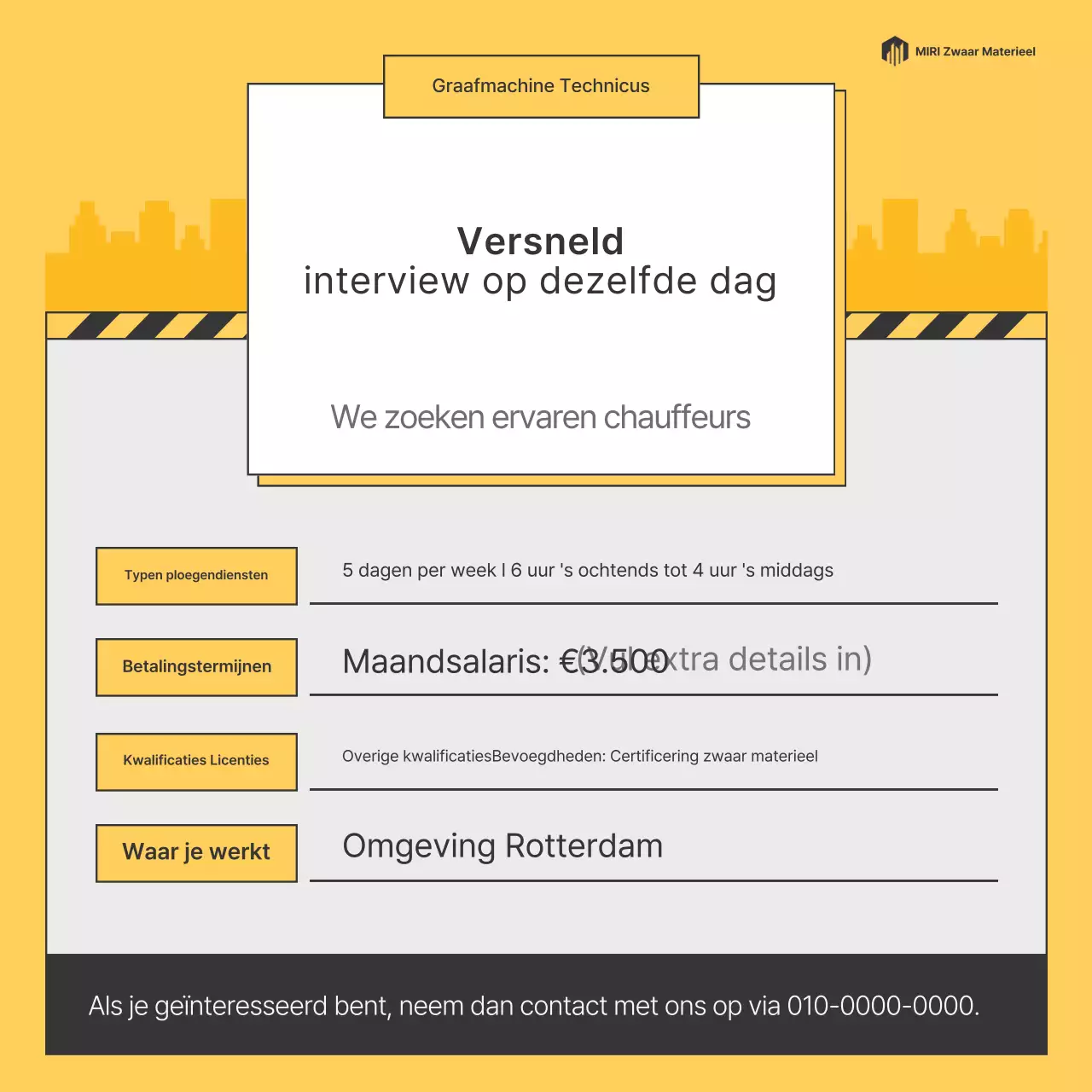 Eenvoudige gele wervingsadvertentie voor machinist zwaar materieel