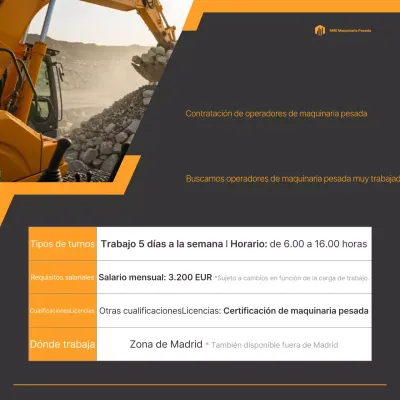 Aviso de reclutamiento para operadores de equipo pesado en gris y naranja