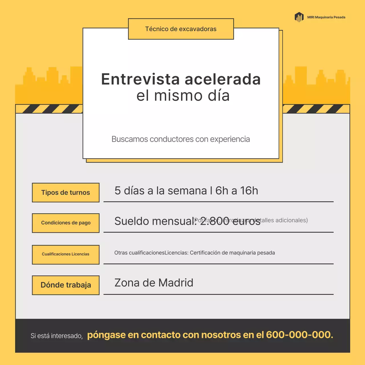 Anuncio sencillo de reclutamiento de operadores de equipo pesado de color amarillo.