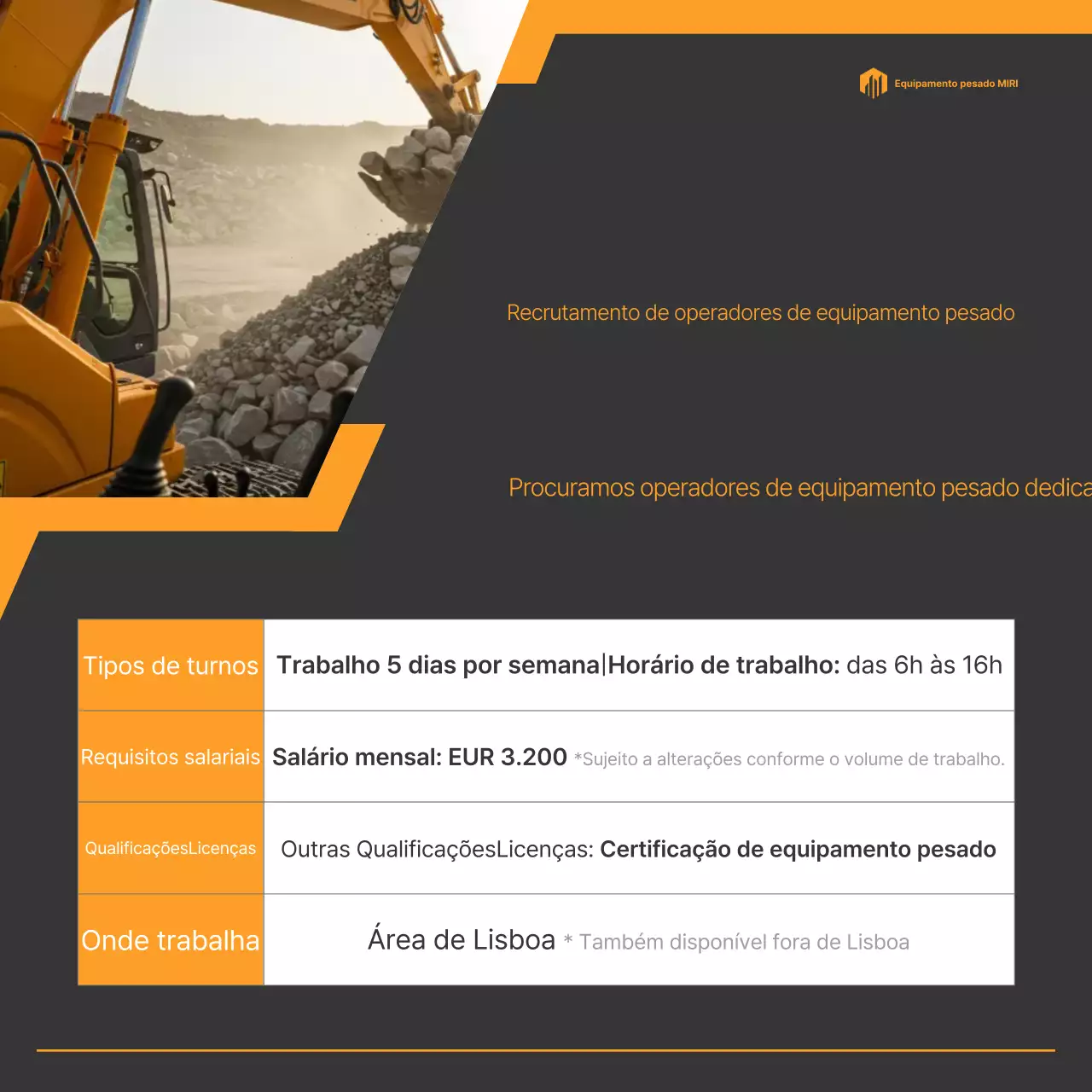 Aviso de recrutamento para operadores de equipamentos pesados ​​nas cores cinza e laranja.