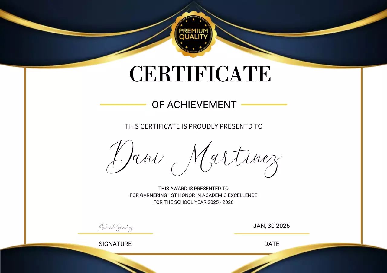 Navy blue and gold elegant achievement certificate
