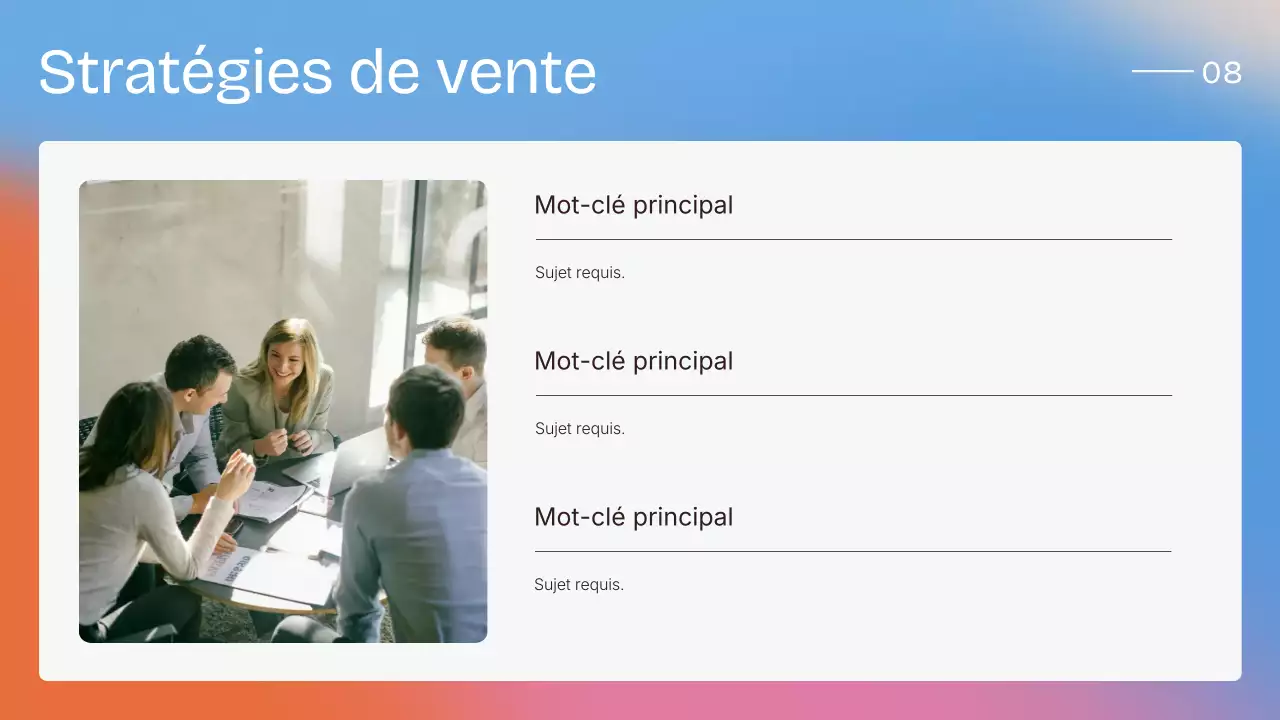 Présentation moderne et colorée de la stratégie de vente