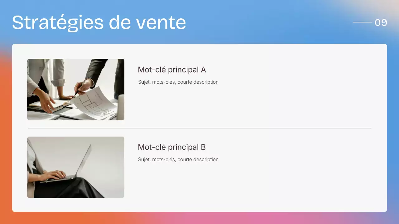 Présentation moderne et colorée de la stratégie de vente