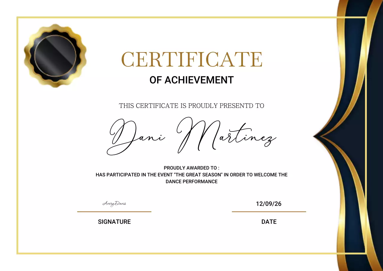 Blue and gold elegant achievement certificate