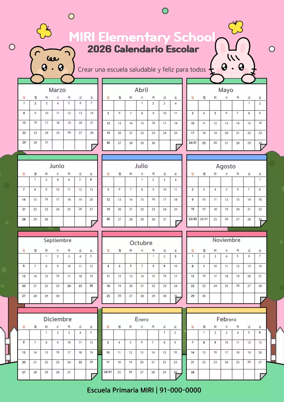 Calendario académico rosa lindo