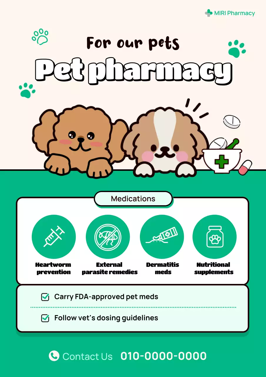 green cartoon pet pharmacy advertisement