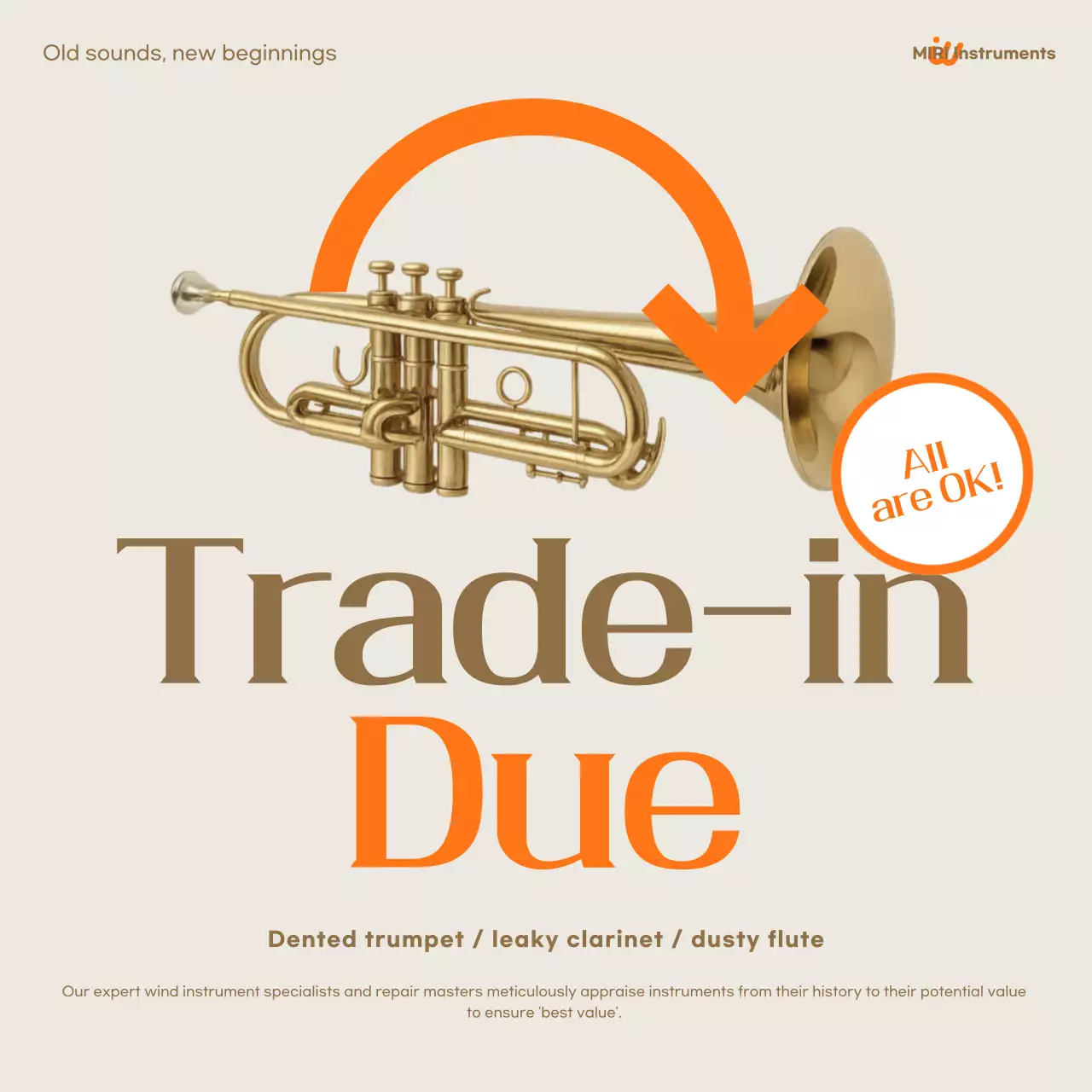 Quảng cáo bán nhạc cụ cổ điển màu be