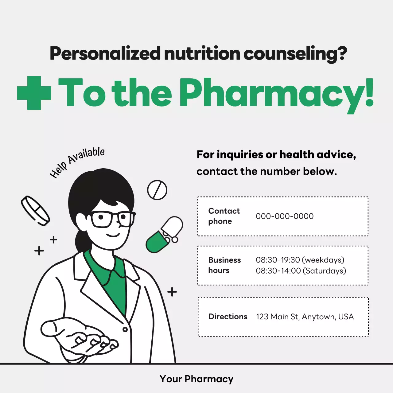 quảng cáo hiệu thuốc tối giản màu xanh lá cây