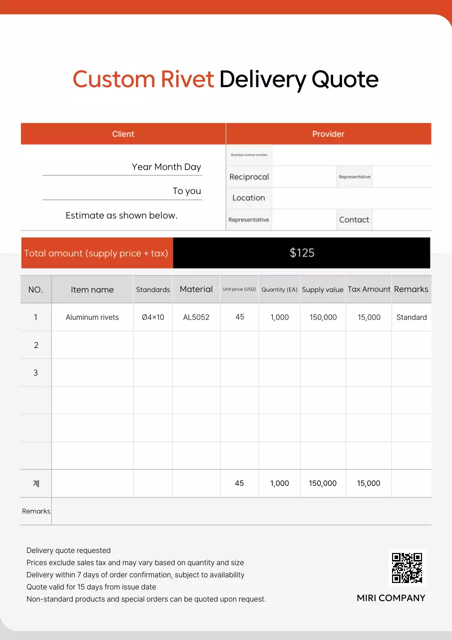 Báo giá đơn hàng đinh tán đơn giản màu cam