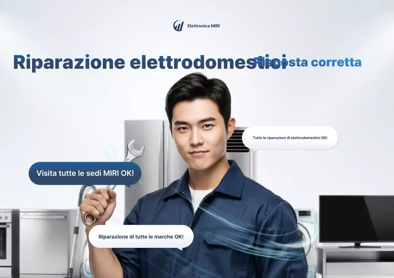 Pubblicità di un negozio di riparazione di elettrodomestici blu e puliti