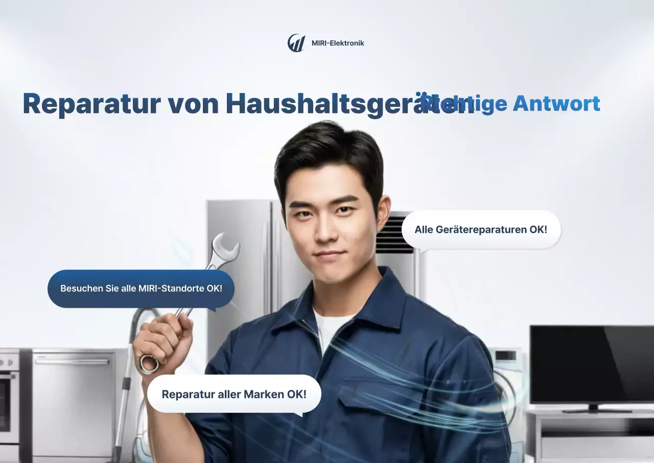 Werbung für eine blaue, saubere Haushaltsgeräte-Reparaturwerkstatt