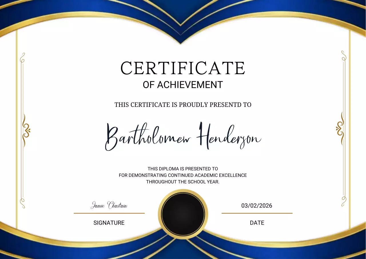 Blue and gold elegant achievement certificate
