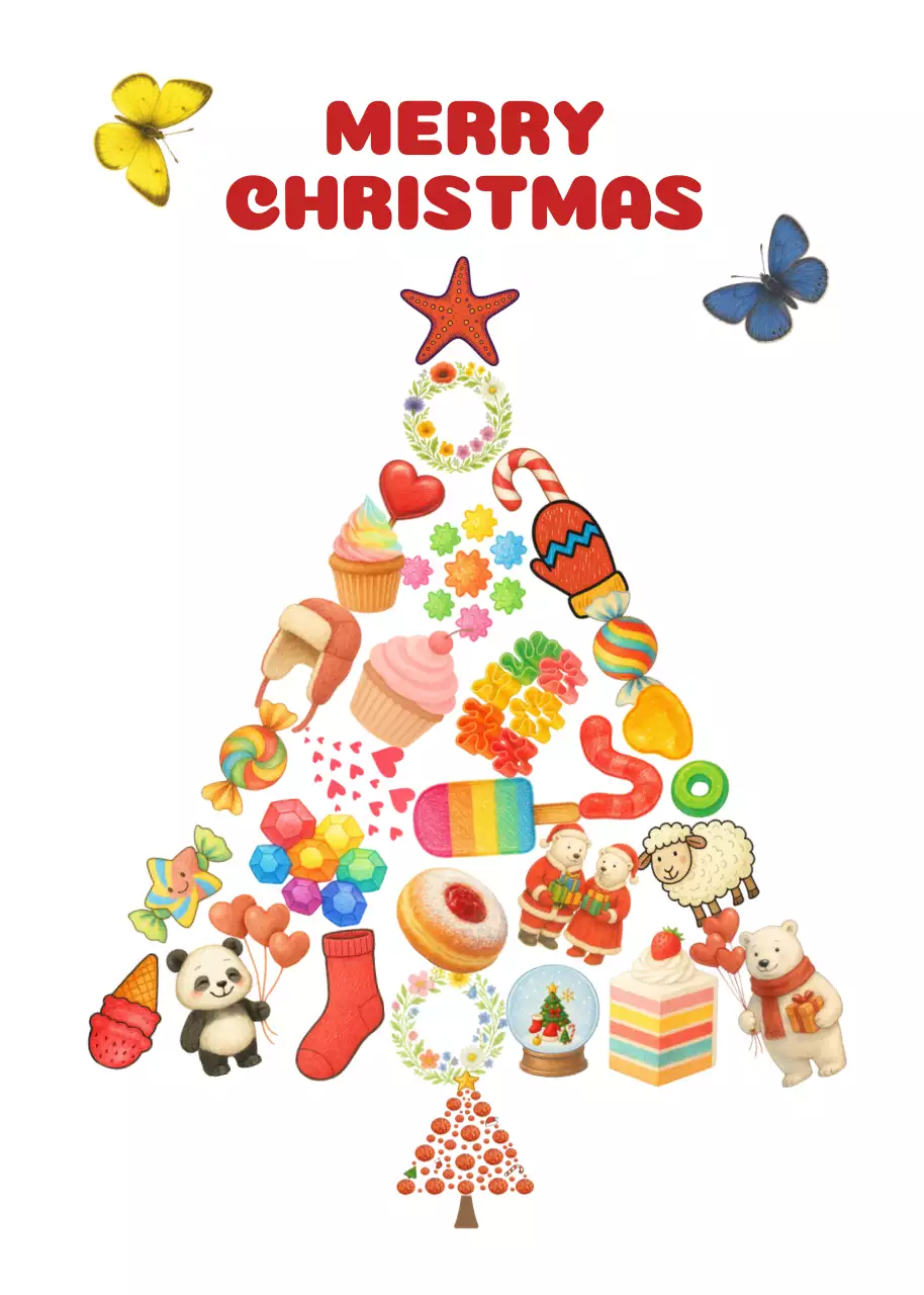 빨강 아기자기한 즐거운 크리스마스 카드