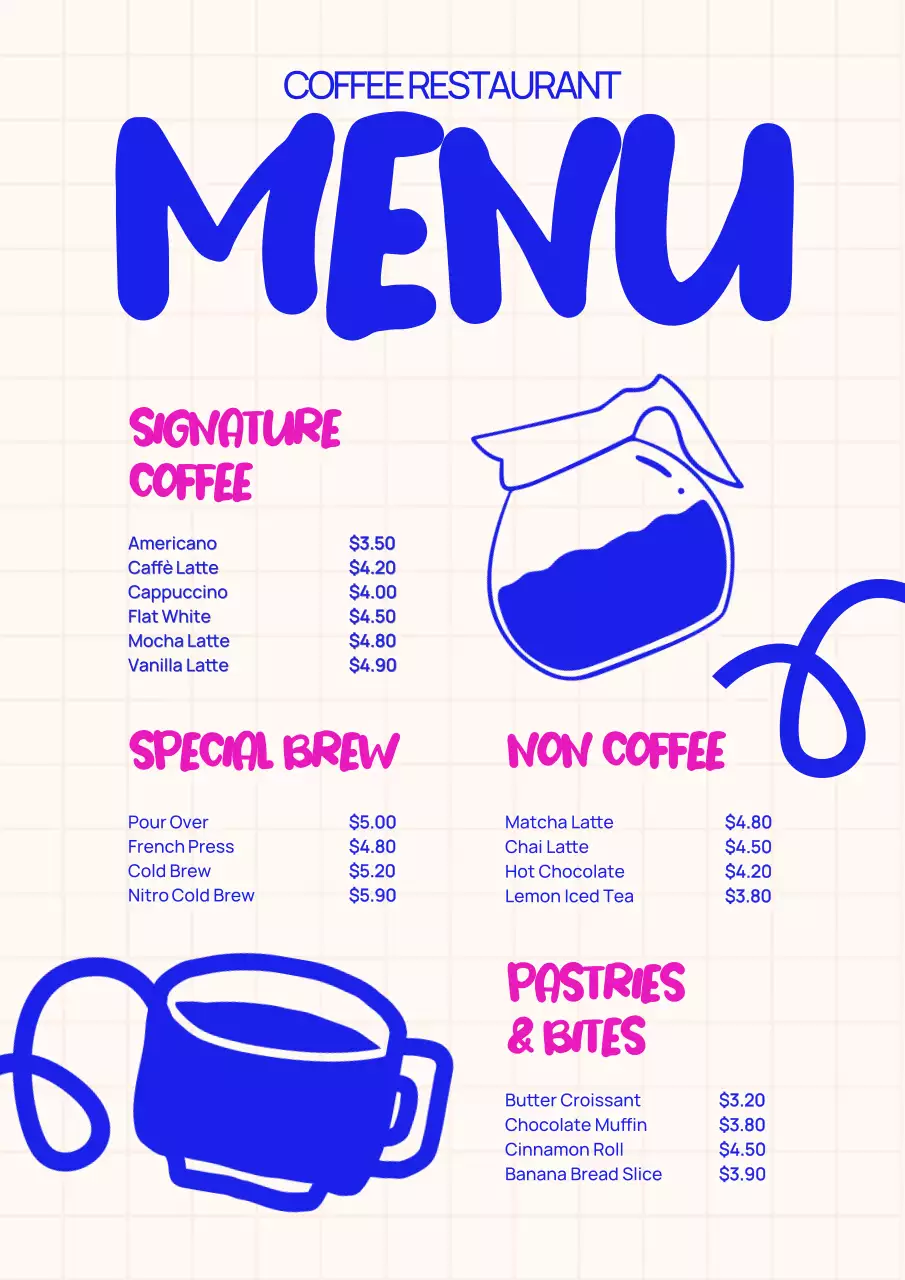 파랑 팝 카페 메뉴판