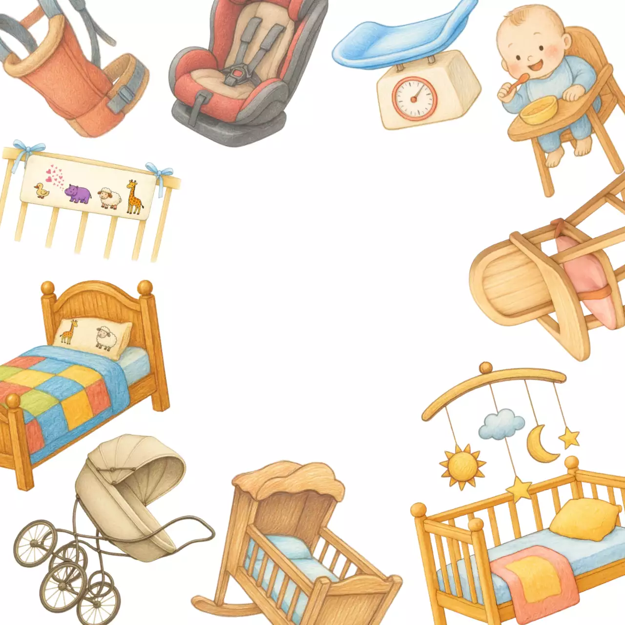 베이지 블루 다양한 유아용품과 가구 포토프레임