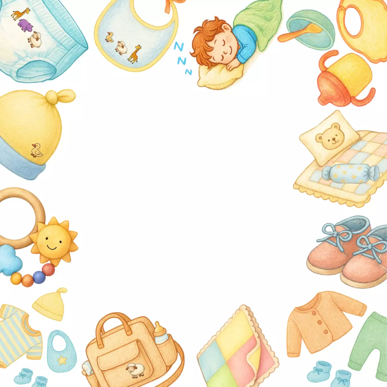 베이지 다양하고 귀여운 아기 용품 포토프레임