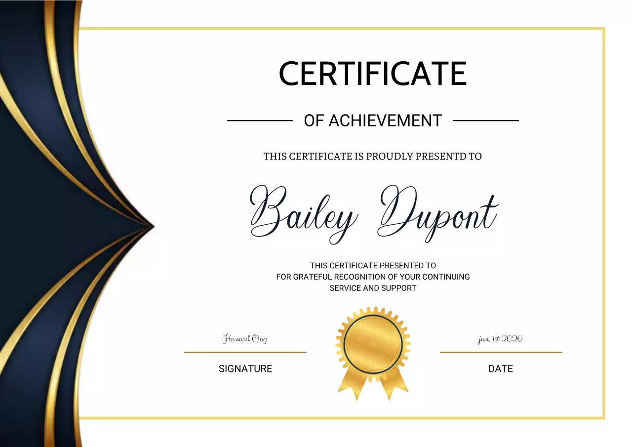 Navy blue and gold elegant achievement certificate