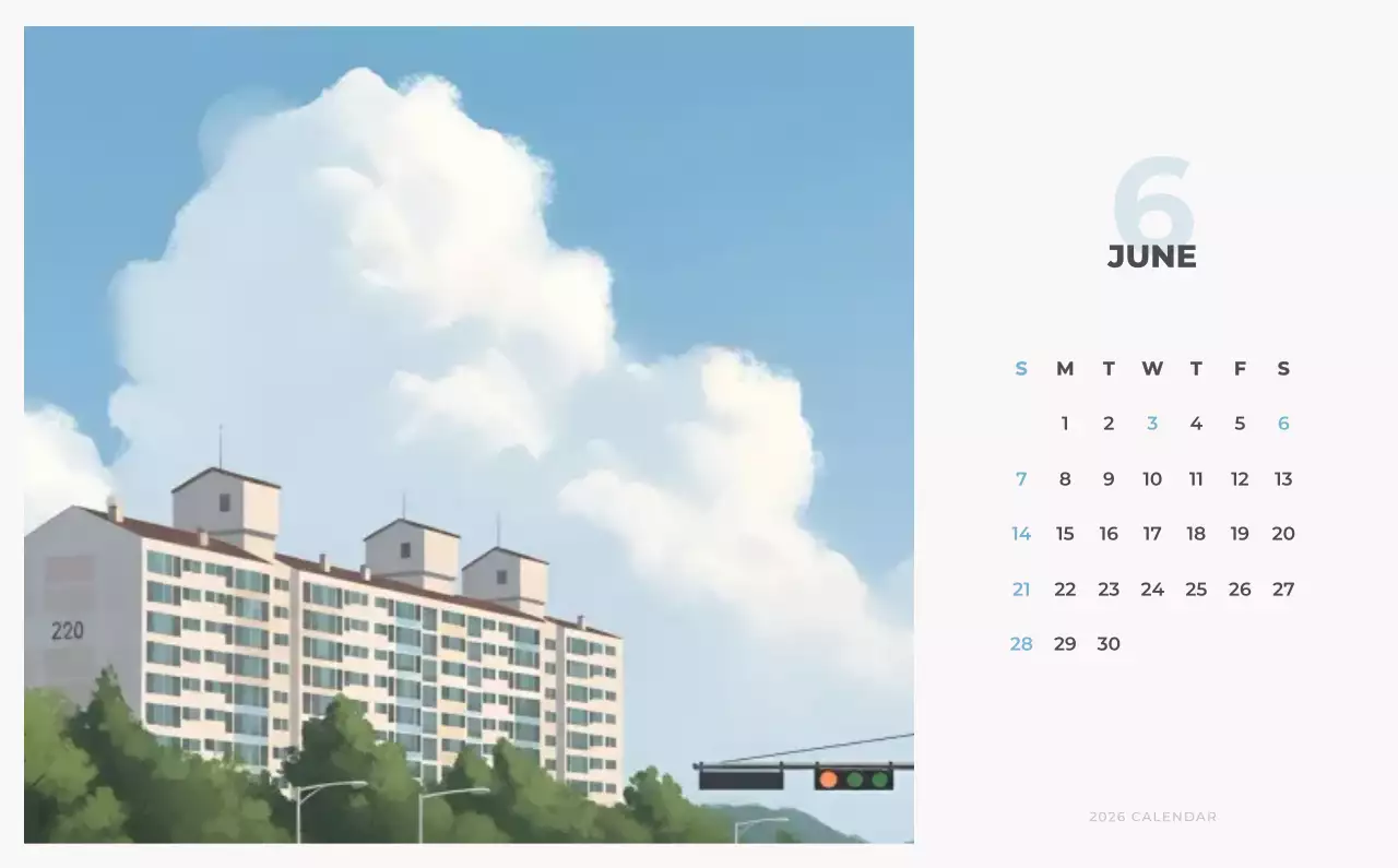하늘색 심플 도시 달력