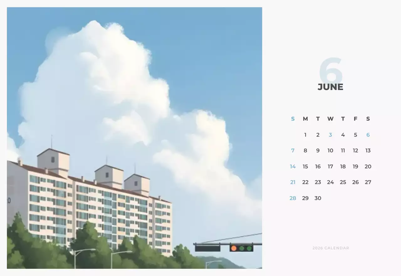 하늘색 심플 도시 캘린더