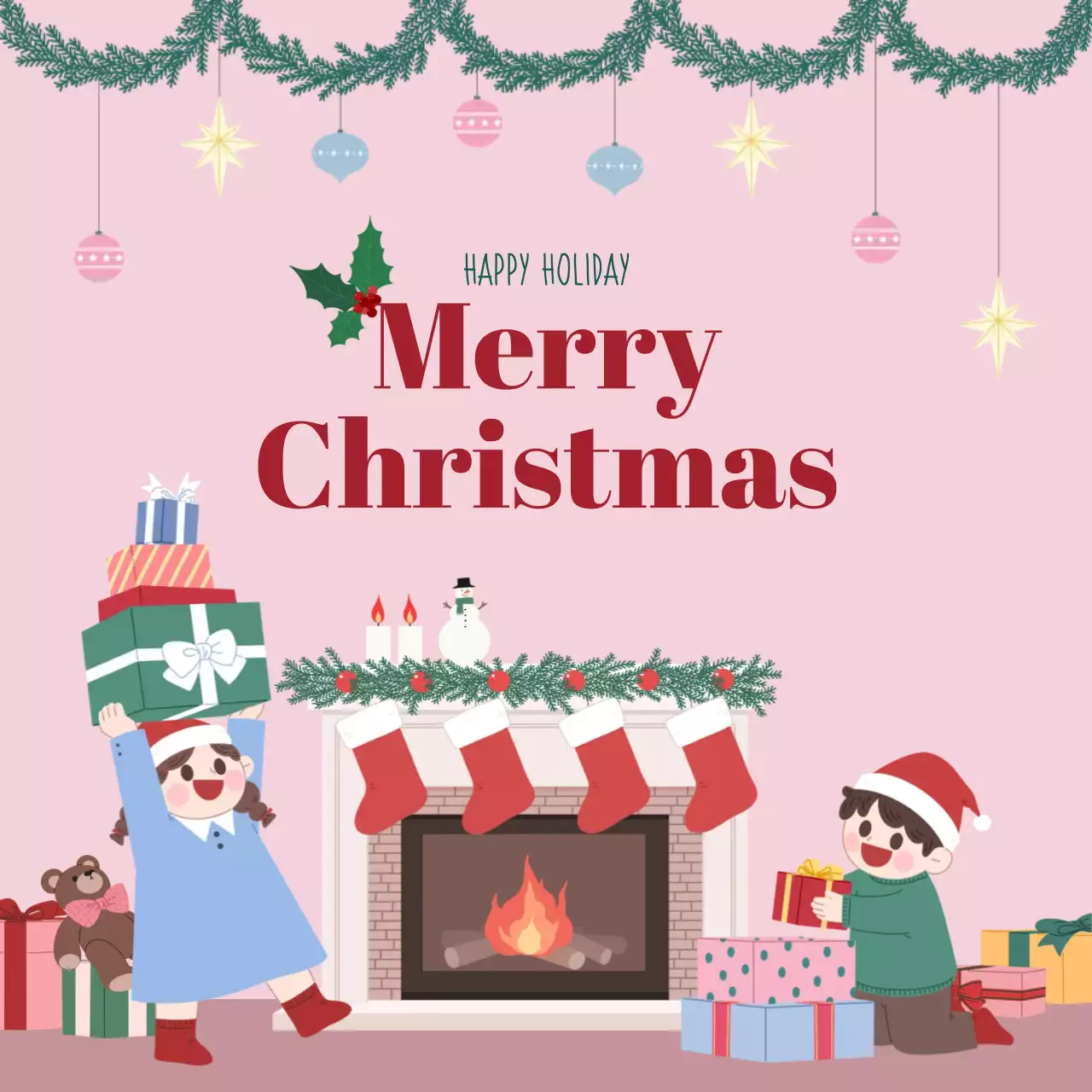 핑크 아기자기한 크리스마스 카드