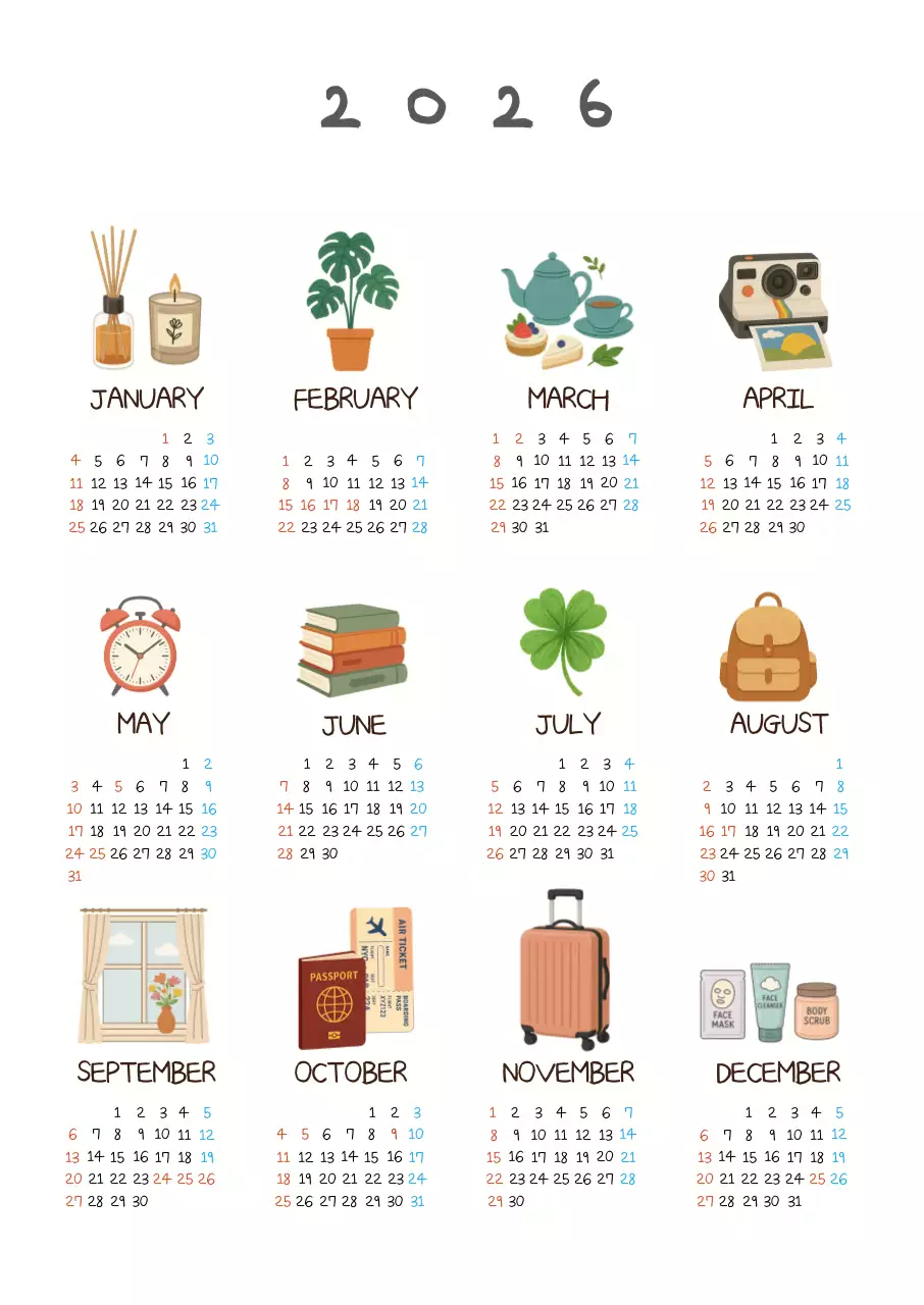 회색 아기자기한 2026 달력 캘린더