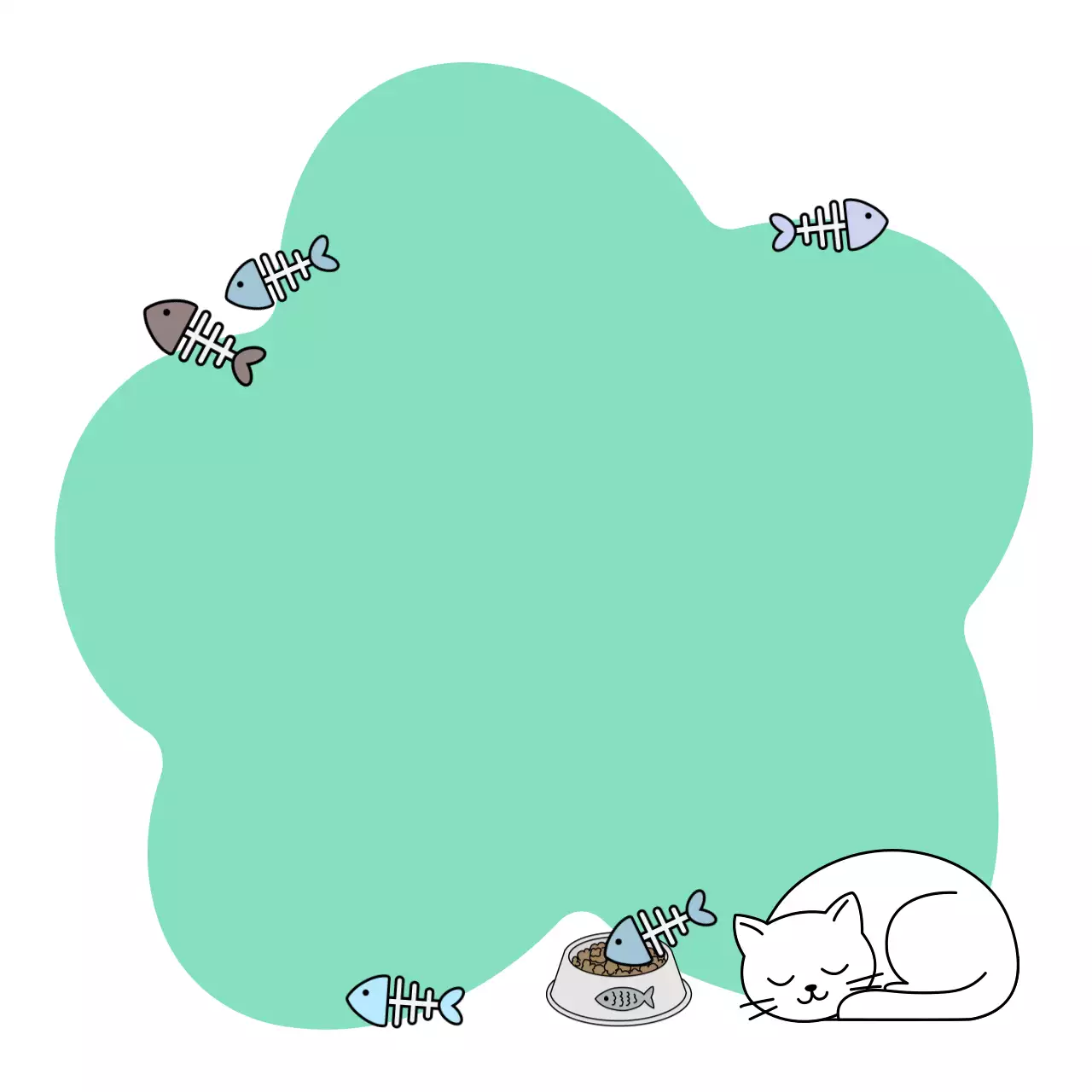 민트색의 귀여운 고양이와 생선 필기 문구