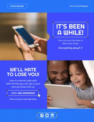 Pôster azul moderno para newsletter de promoção ao cliente