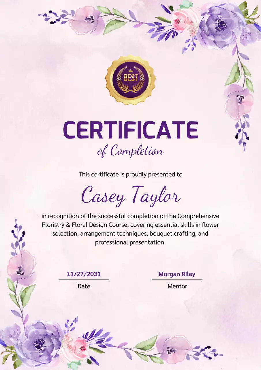 Giấy chứng nhận hoàn thành hoa tím