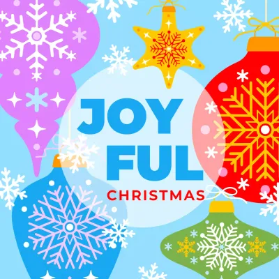 Cartão de Natal com enfeites coloridos e design minimalista quadrado de arte natalina.