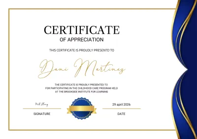 Sertifikat penghargaan elegan berwarna biru dan emas