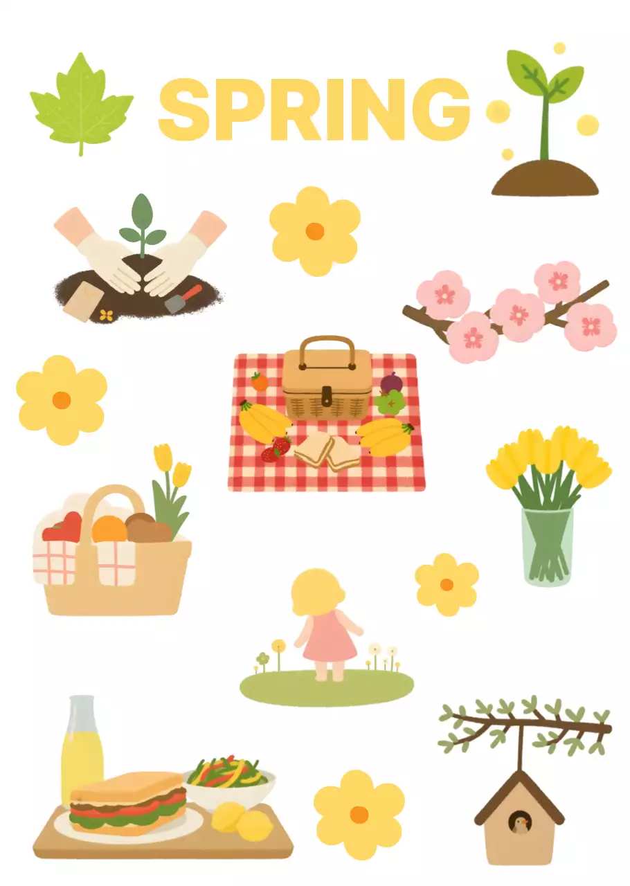 노란색 귀여운 봄소풍 일러스트 요소