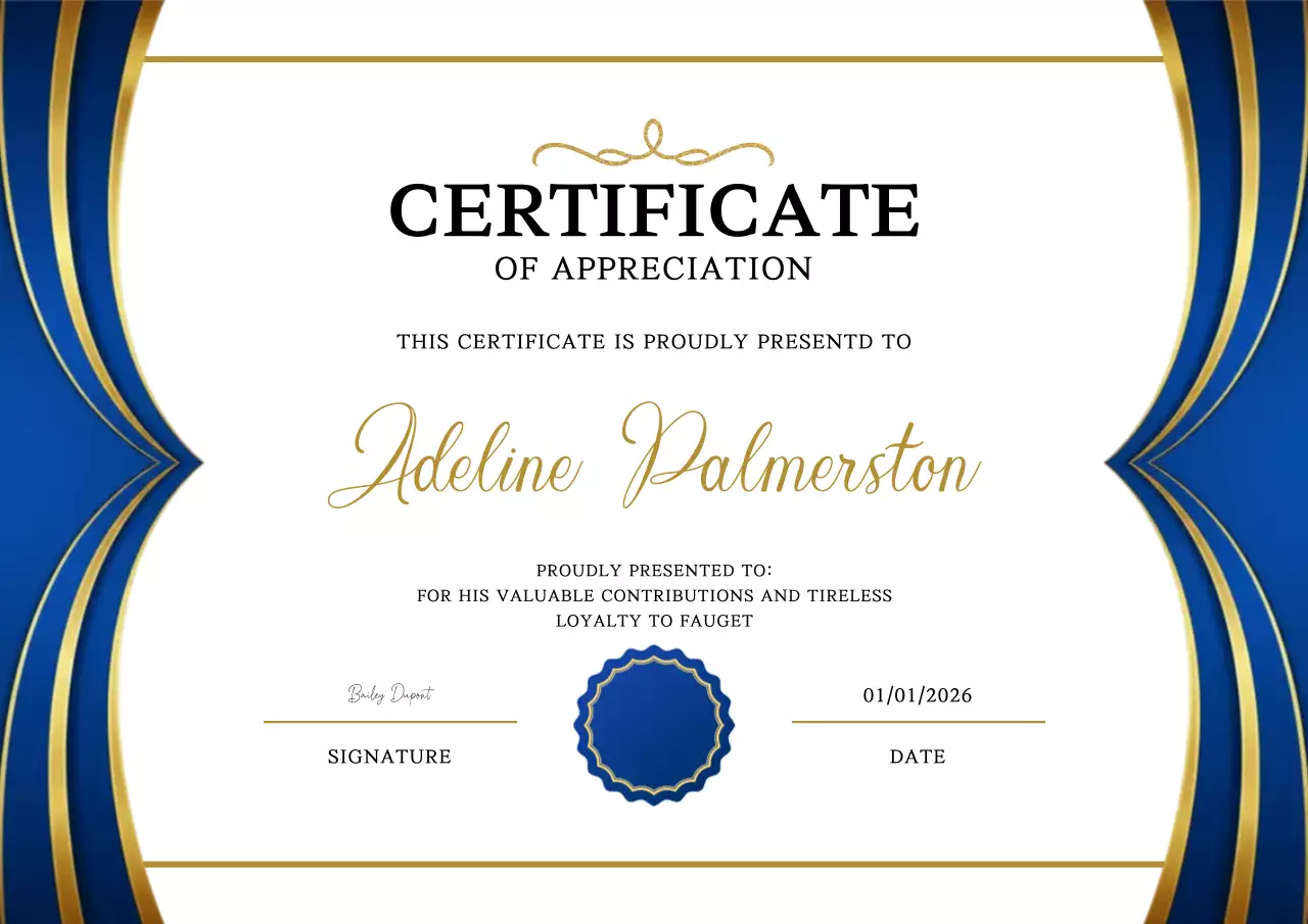 Certificado de agradecimento elegante em azul e dourado