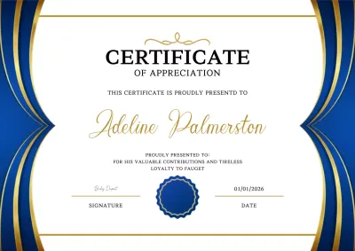 Certificado de agradecimento elegante em azul e dourado