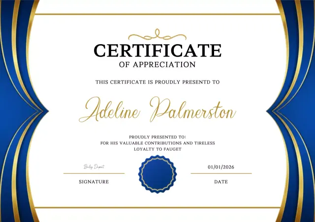 Blue and gold elegant appreciation certificate