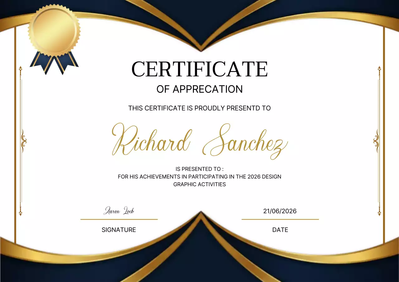 Sertifikat penghargaan elegan berwarna biru dan emas