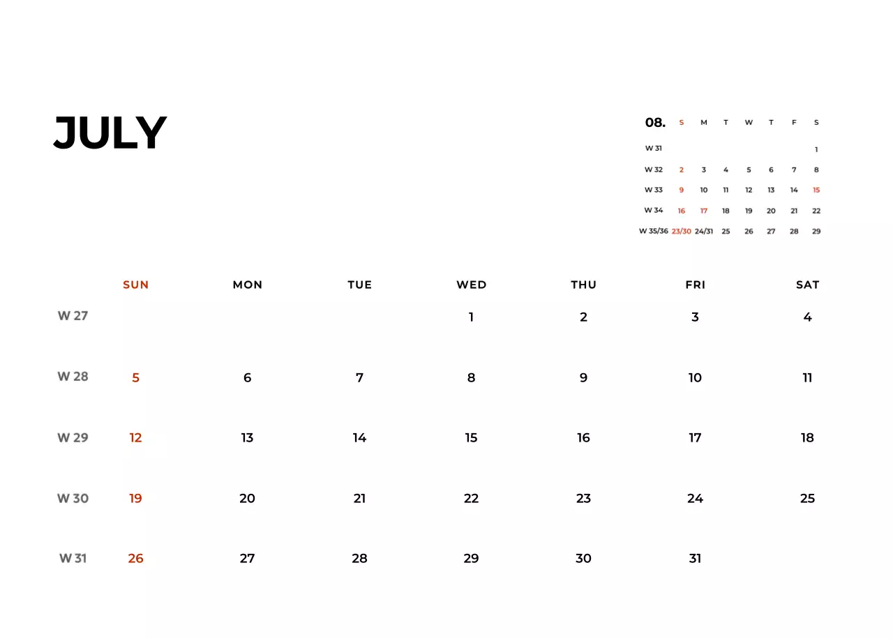 흰색 미니멀 달력 캘린더