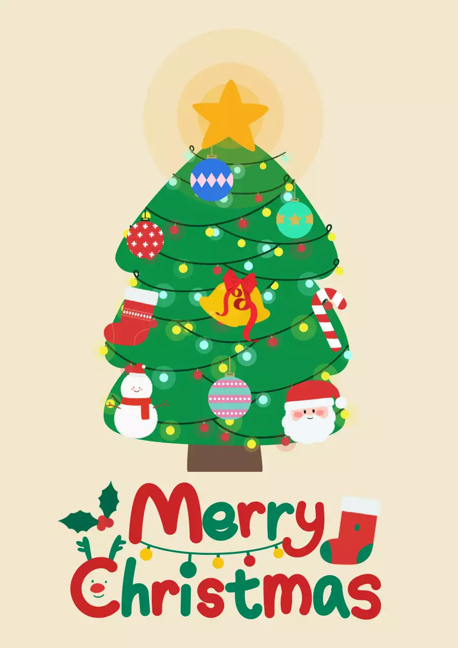 연노랑 바탕에 트리가 있는 따스한 연말 크리스마스 인사