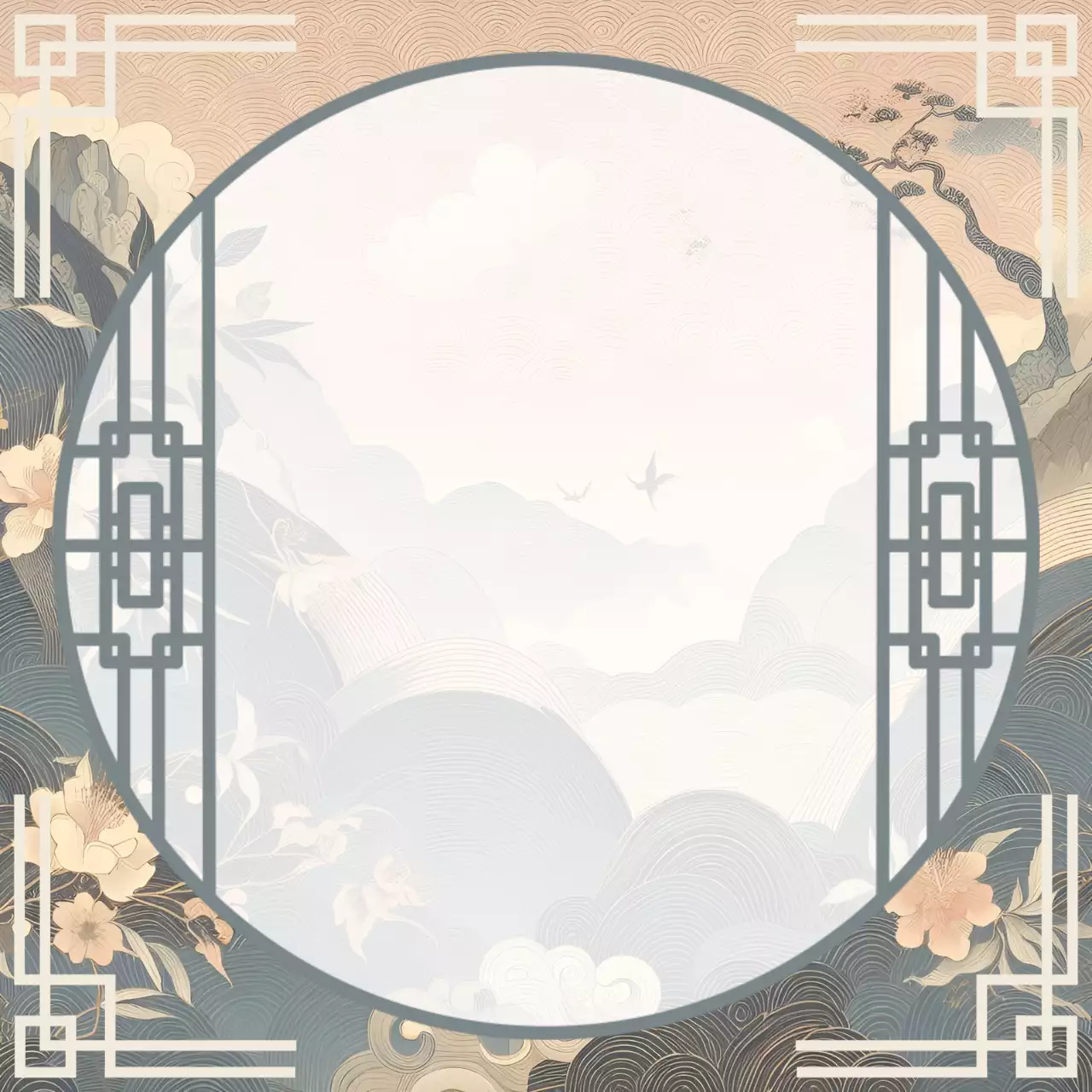 베이지 전통 산수화 포토프레임