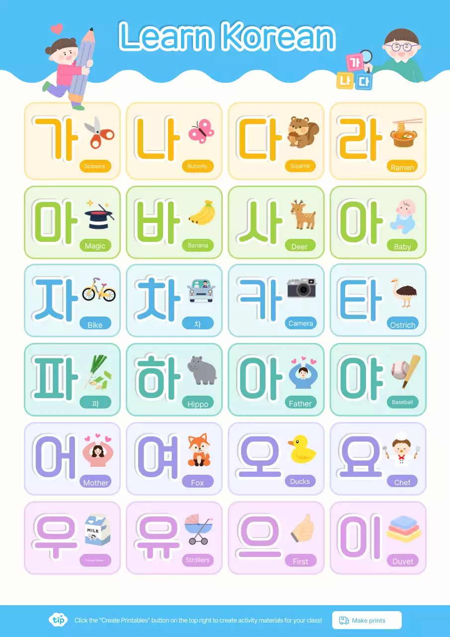 Tài liệu giáo dục tiếng Hàn dễ thương màu xanh dương