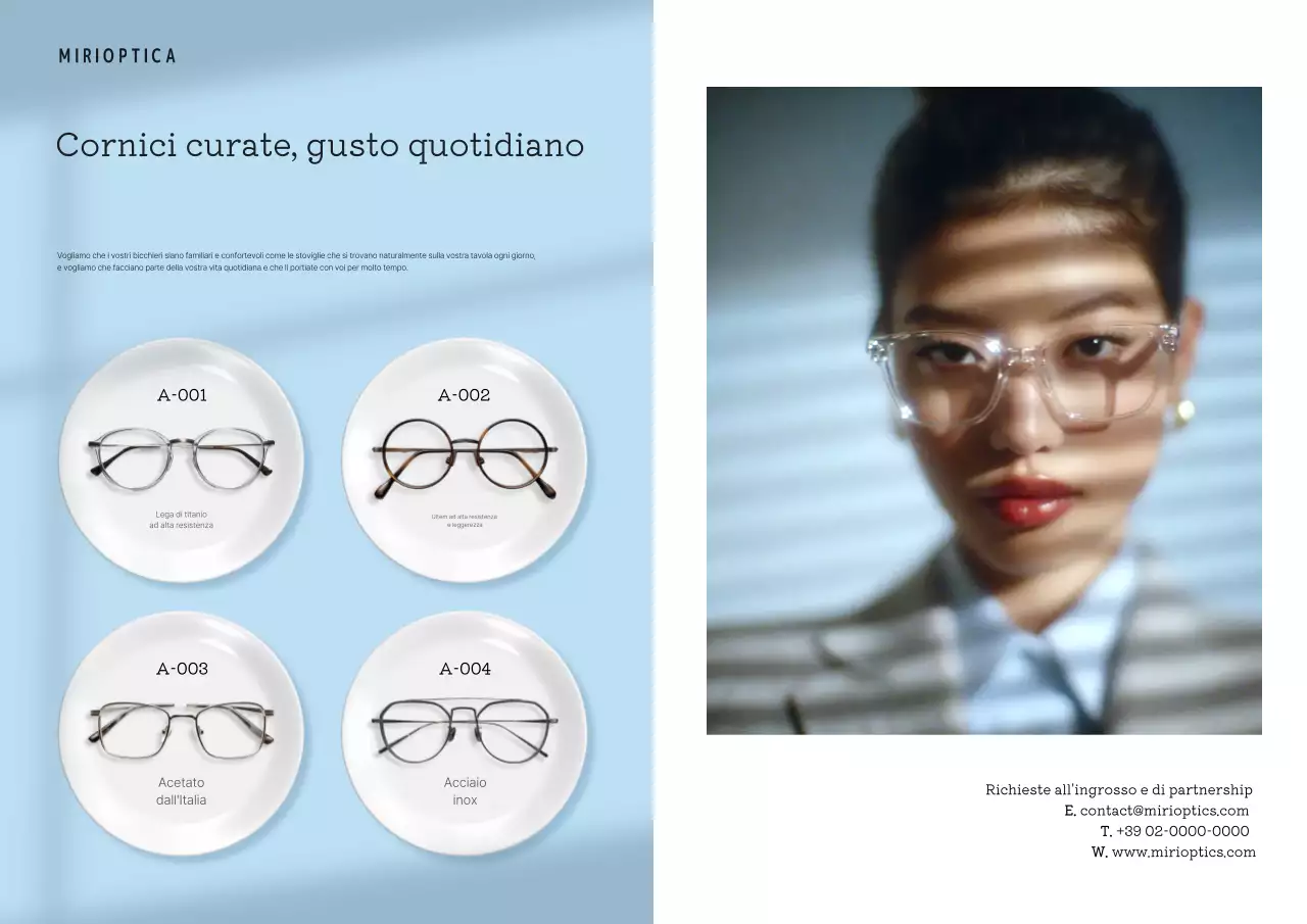 Pubblicità di occhiali moderni blu cielo