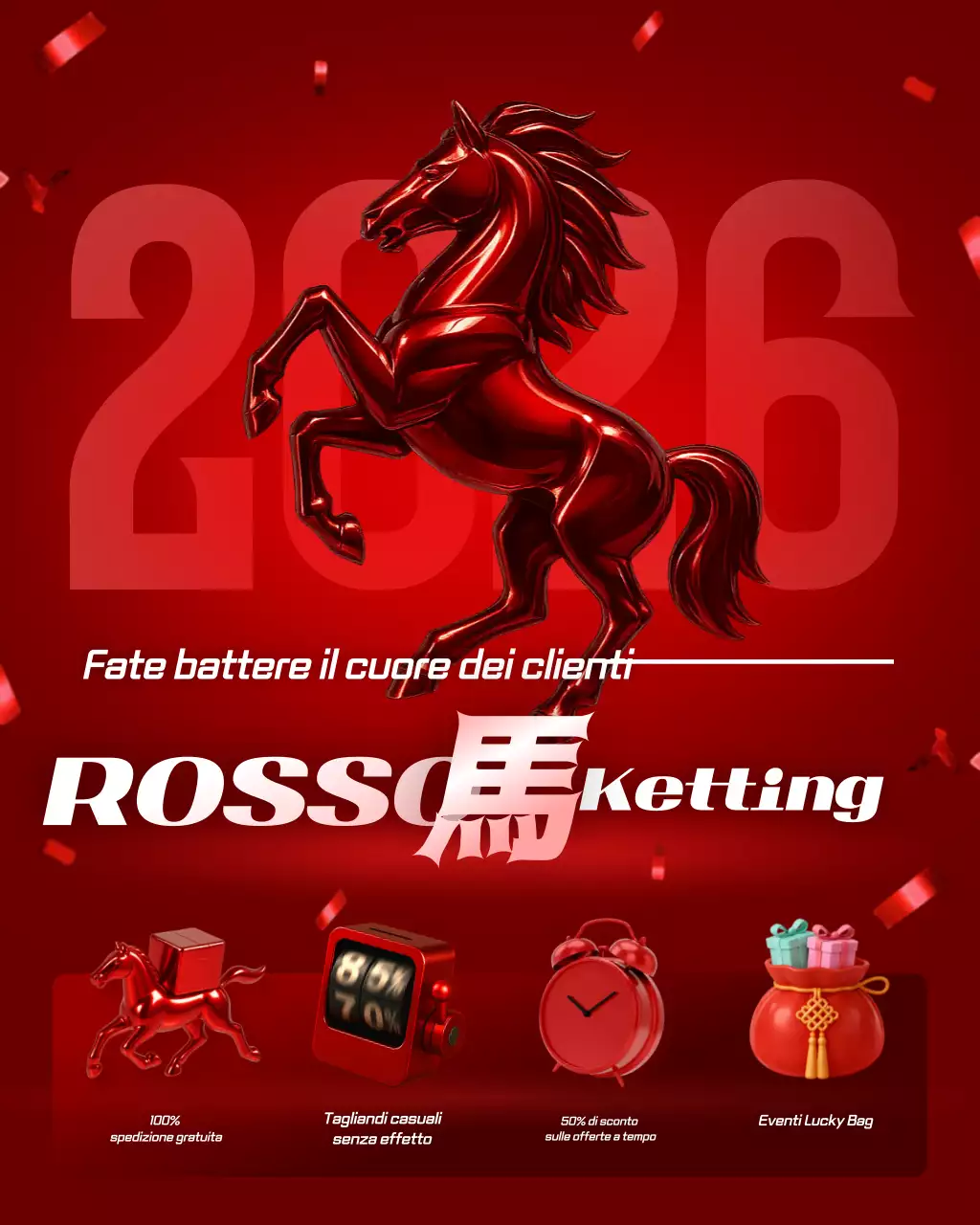 Pubblicità di marketing per le festività di Capodanno con accenti rossi