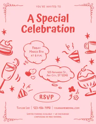 Undangan Perayaan Doodle Merah Muda dan Merah