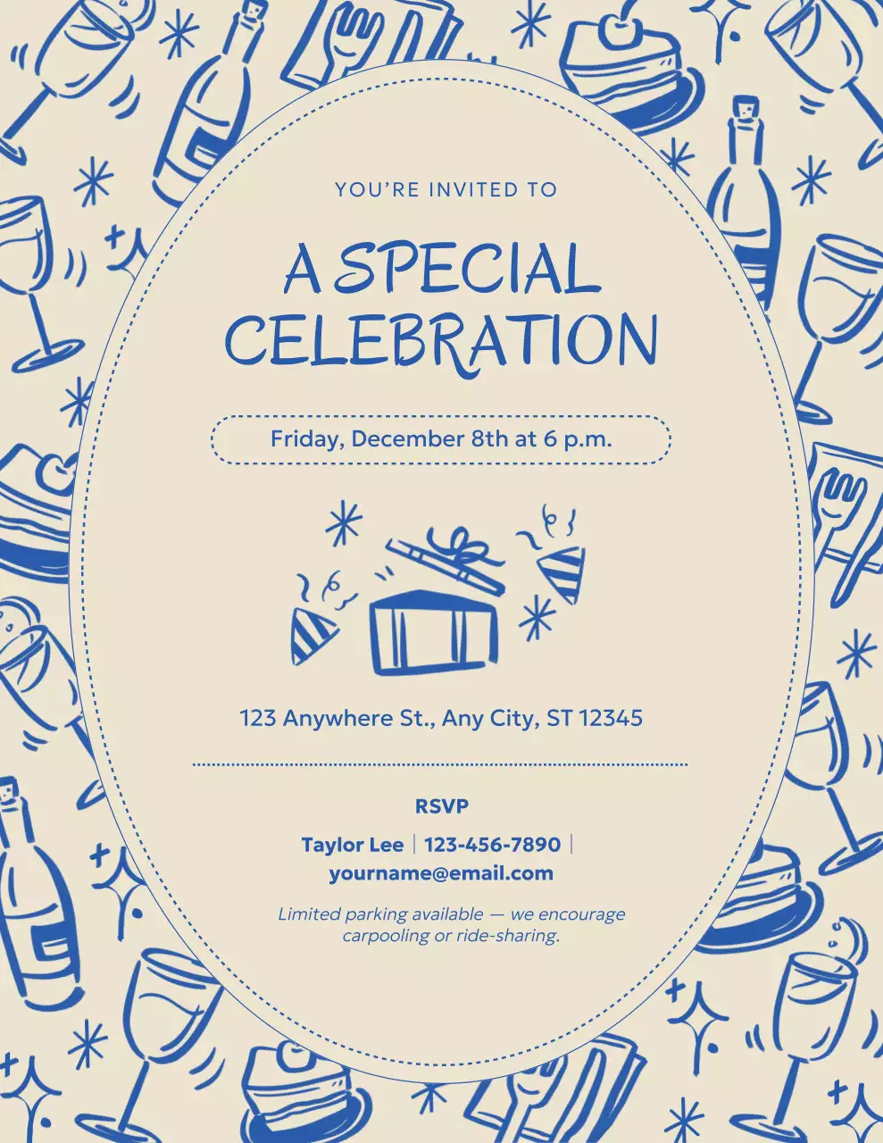 Blue and Beige Doodle Celebration Invitation
