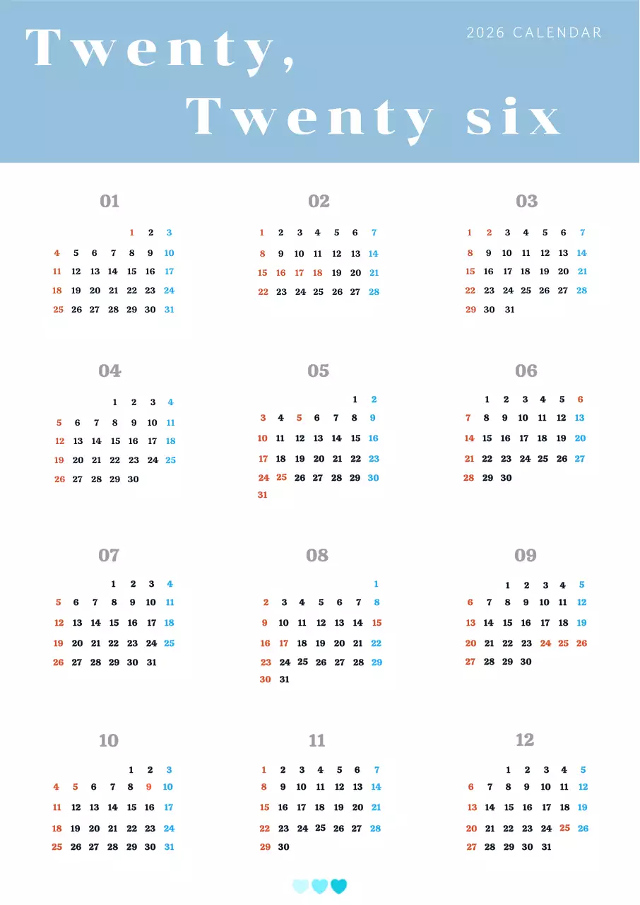 blue minimalist 2026 calendar schedule