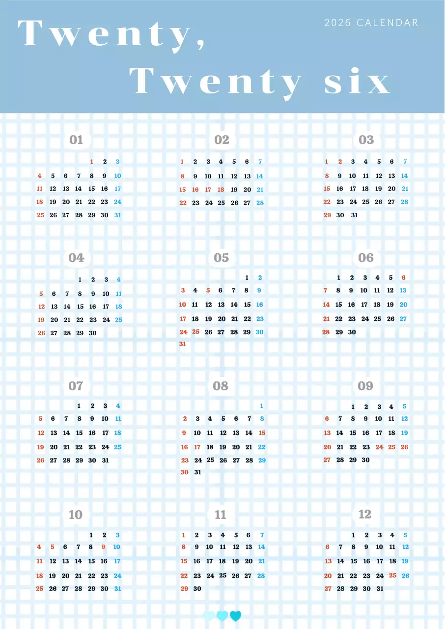 blue minimalist 2026 calendar schedule