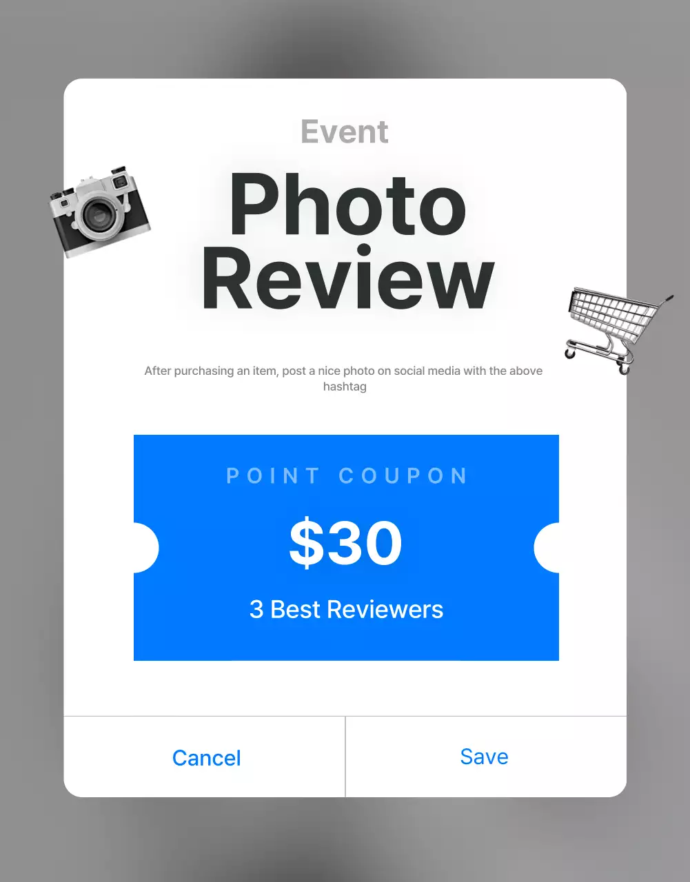 Promote reviews and photo events and review pages for a trendy fashion mall in gray and light blue.