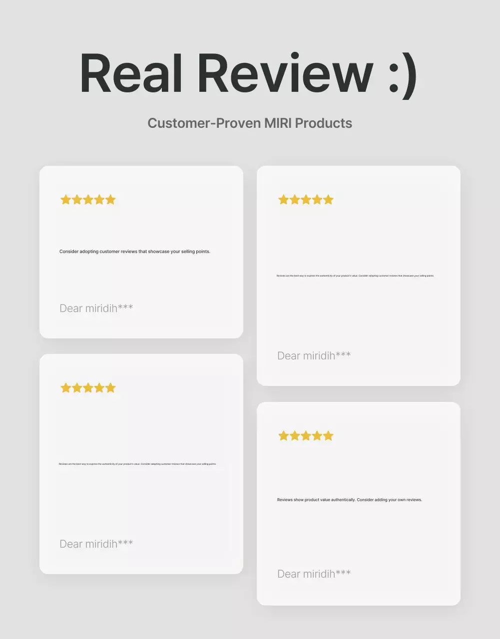 Promote reviews and photo events and review pages for a trendy fashion mall in gray and light blue.