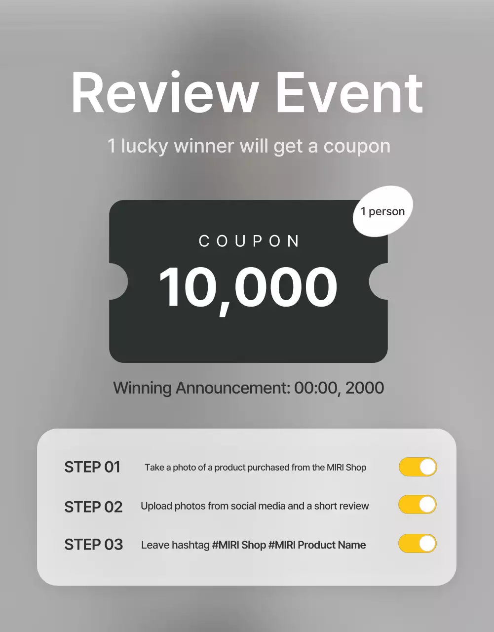 Promote reviews and photo events and review pages for a trendy fashion mall in gray and light blue.